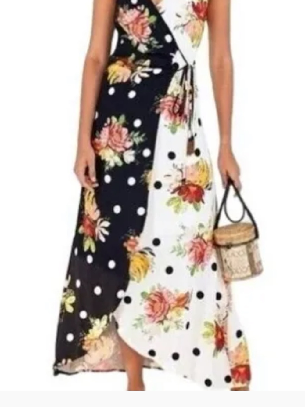 Farm Rio Floral Polka Dot Wrap Maxi Dress - Black & White